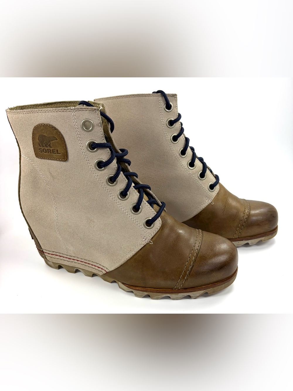 Sorel Lexie Wedge Boots Women’s 10 Tan Brown Leather Canvas Lace Up LL5214
